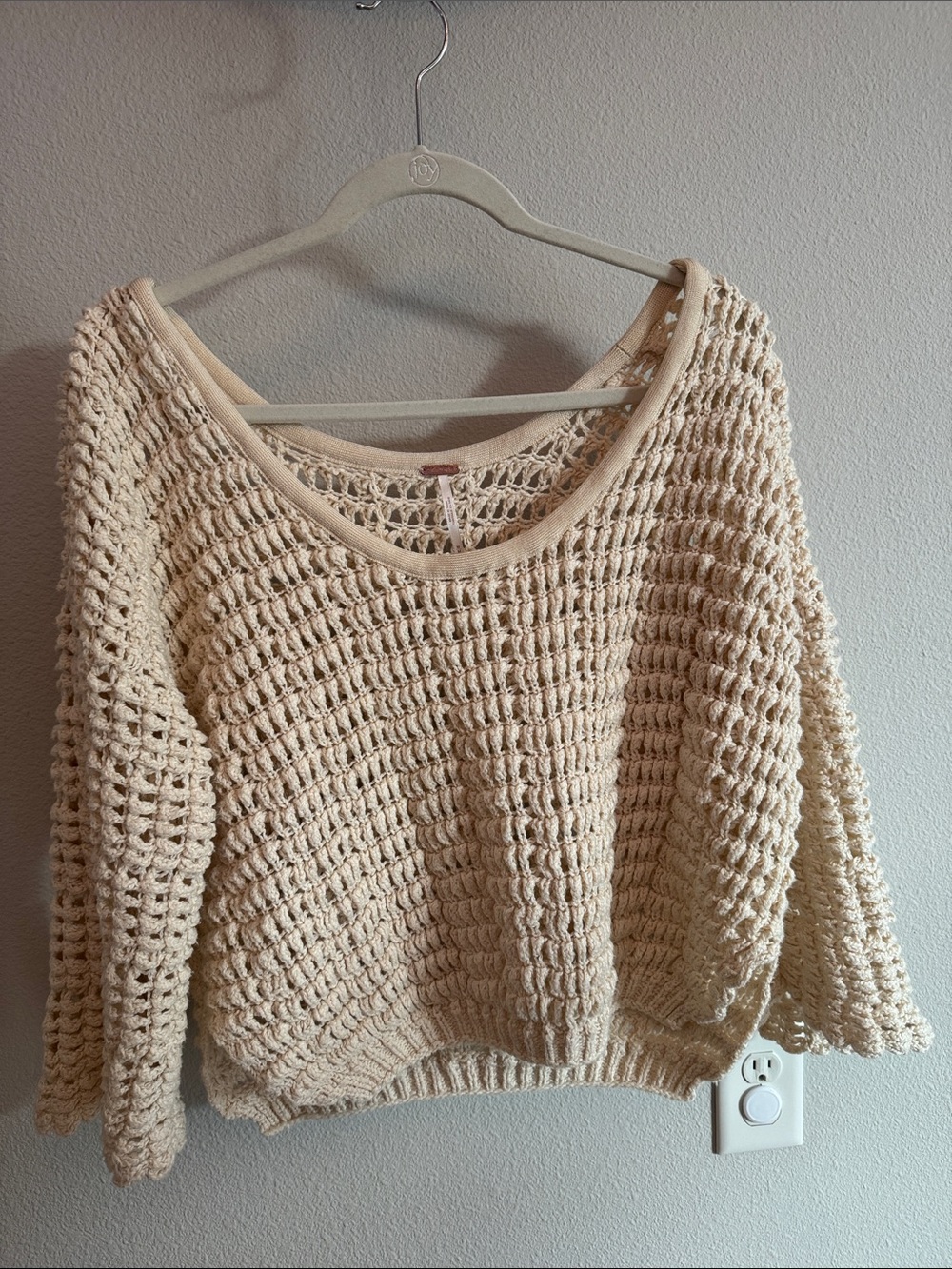 Free People Cream Open-Weave Scoop Neck Sweater